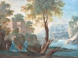 une image représentant un tableau où l'on voit un homme et une femme debout devant une cascade
