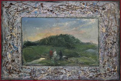 tableau représentant un homme et un chien dans un champ