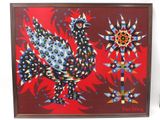 peinture représentant un coq et une fleur sur fond rouge
