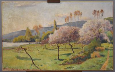 peinture représentant un paysage avec des arbres et une rivière au loin