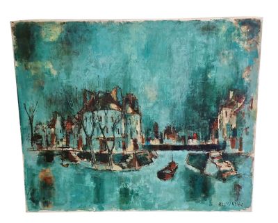 une peinture à l'huile d'une scène portuaire avec des bateaux dans l'eau