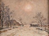 tableau représentant un paysage enneigé, avec une calèche au premier plan et une grange à l'arrière-plan
