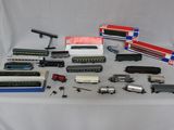 many different types of toy trains on a table