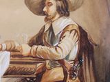 a painting of a man in a hat sitting at a table