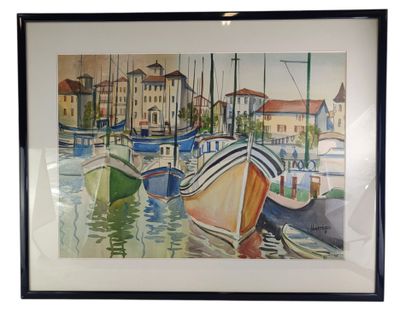 une image d'une peinture de bateaux dans un port