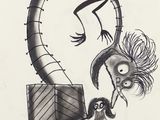 cartoon drawing of a man and a woman in front of a giant snake