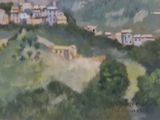 a painting of a town on a hill with trees