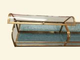 a glass display case with a gold frame on it