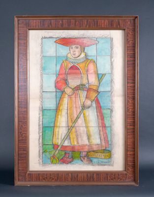 tableau représentant une femme avec une canne, dans un cadre en vitrail
