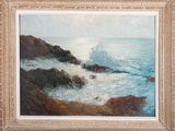 une peinture à l'huile représentant une côte rocheuse avec des vagues se brisant contre les rochers