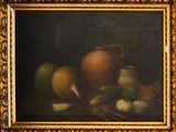a painting of a painting of a vase and fruit on a table