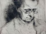 drawing of a woman sitting in a chair with a cat in her lap