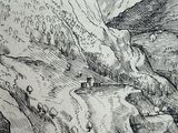 a black and white drawing of a mountain scene