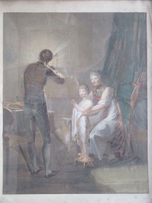 tableau représentant un homme en train de peigner les cheveux d'une femme dans une pièce