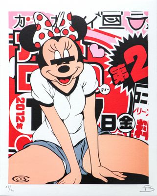 Reproduction artistique de Mickey et Minnie Mouse en rouge, blanc et noir
