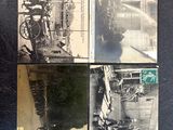 several old black and white photos of a motorcycle and a building