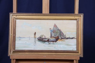 un tableau posé sur un chevalet représentant un homme dans un bateau