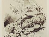 a black and white drawing of a man laying on the ground