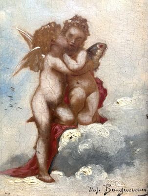 un vieux tableau représentant deux anges sur un nuage, tenant un oiseau dans la main