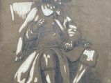 an old drawing of a man sitting in a chair with a hat on