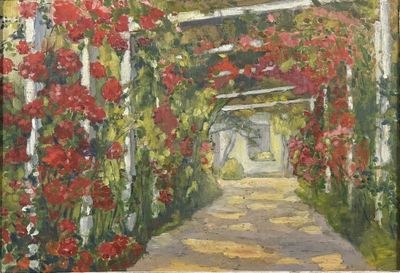 un tableau représentant un jardin parsemé de fleurs rouges
