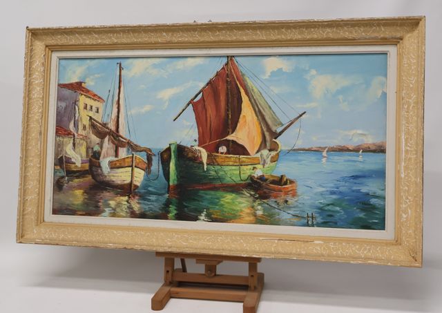 École française XXème « Les pêcheurs ». Huile sur toile. Signatur...