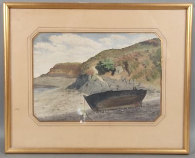 une image d'un tableau représentant un bateau sur la plage