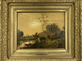 un tableau représentant un bateau sur une rivière, avec une maison en arrière-plan