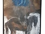 painting of a bison and calf in a field with a blue sky