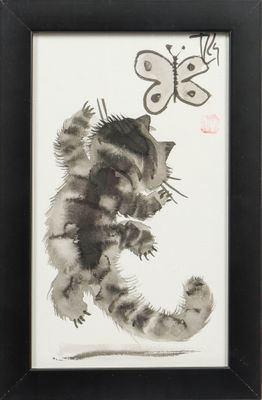 painting of a cat and a butterfly on a white background