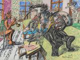 dessin représentant un groupe de personnes jouant de la musique dans un salon