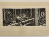 black and white photograph of a group of men working in a forest