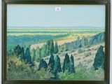 a painting of a landscape with trees and hills in the distance