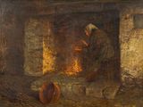 tableau représentant un homme assis devant un feu, un chapeau sur la tête