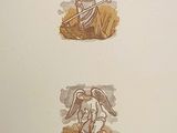 two drawings of a bird and a bird sitting on top of a table