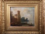a painting of a castle in a field with a boat in the water