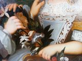 un tableau représentant une femme assise sur un banc, un bouquet de fleurs à la main