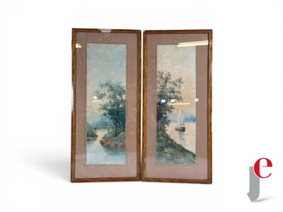 two framed paintings of a river scene with a boat in the distance