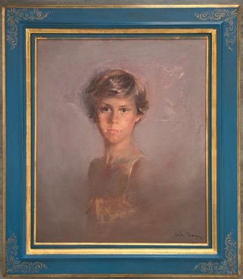une peinture à l'huile représentant une jeune fille, dans un cadre bleu