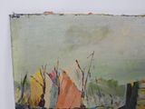 an oil painting of boats in a body of water with a sky background