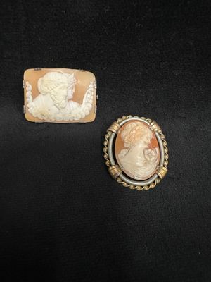 two cameo cameos of a woman and a man in profile