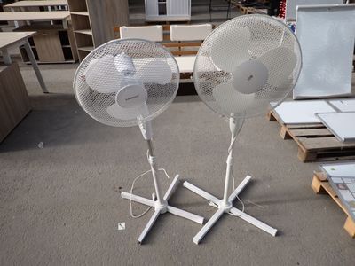 deux ventilateurs blancs posés l'un sur l'autre par terre