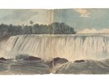 une image représentant une peinture d'une cascade au milieu d'un lac