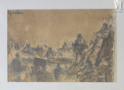 drawing of a group of men on horses in a field