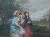 tableau représentant trois femmes marchant sur un chemin de terre, avec des arbres en arrière-plan