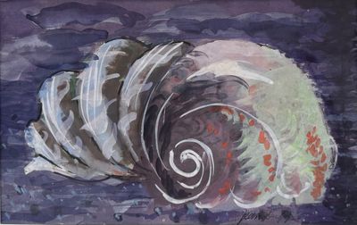 a painting of a seashell on a purple background