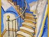 painting of a painting of a spiral staircase in a blue room