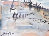 a watercolor painting of a boat on the beach