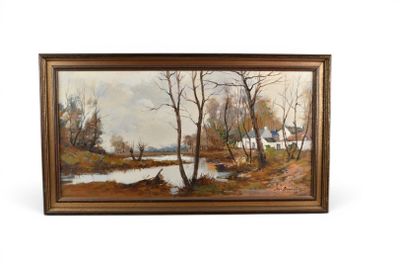 une peinture à l'huile représentant un paysage avec une rivière et des arbres