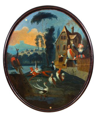 École flamande du XVIIIe siècle Plateau de guéridon peint L'…